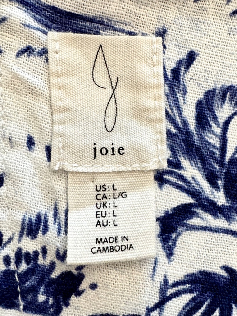 Women's Size L, Linen Blend Dress by Joie, Blue & White Tropical Print Pullover - Picture 10 of 11